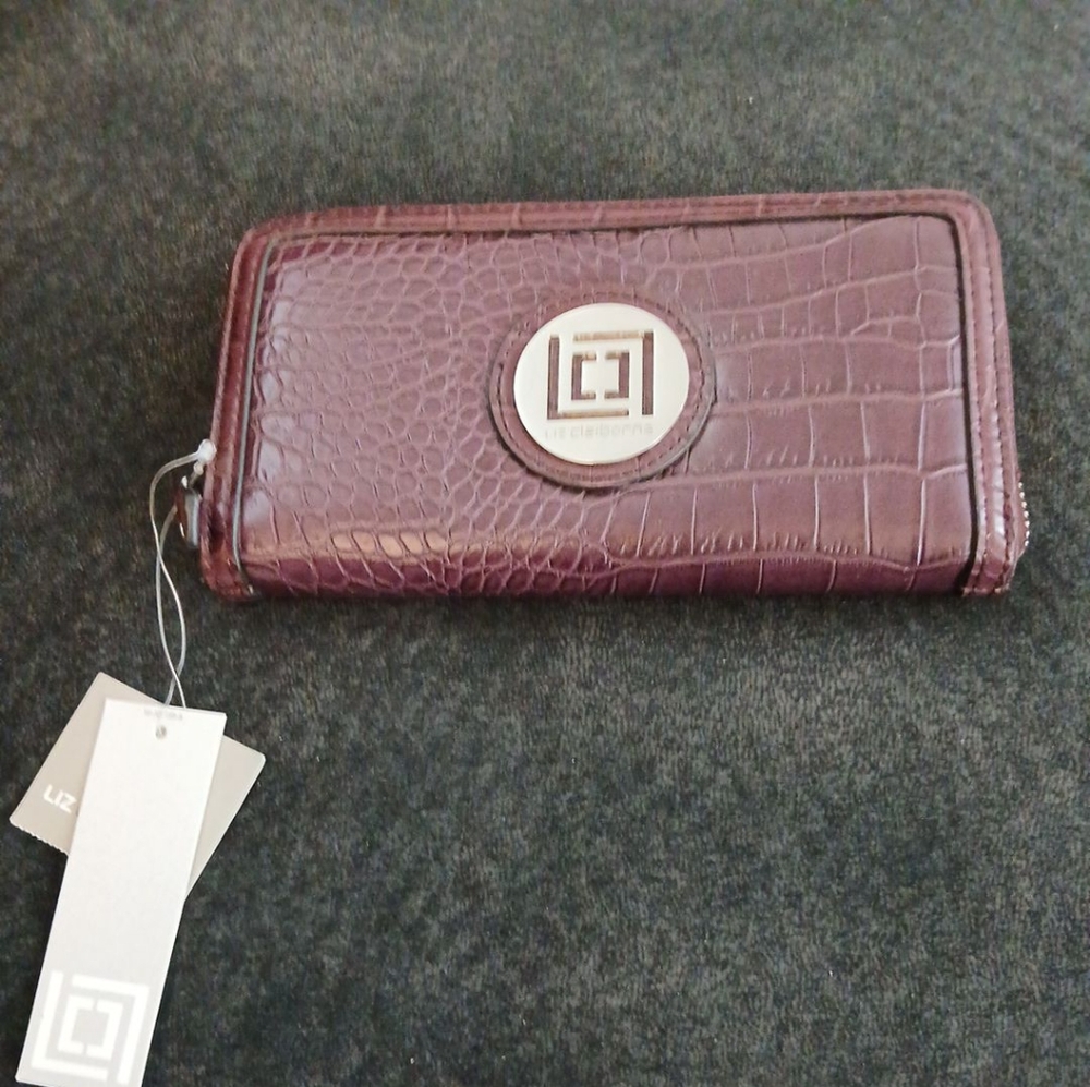 NWT Maroon Liz Claiborne Faux Croc Zip Around Wallet With Card Slots